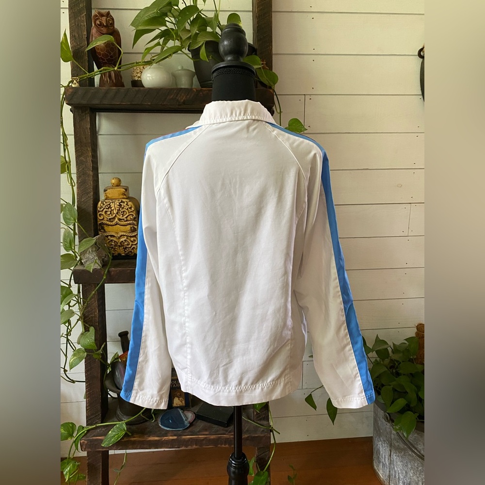 Nike: White Lightweight Bomber Jacket with Retro Blue and Orange Stripe Design - Picture 11 of 17